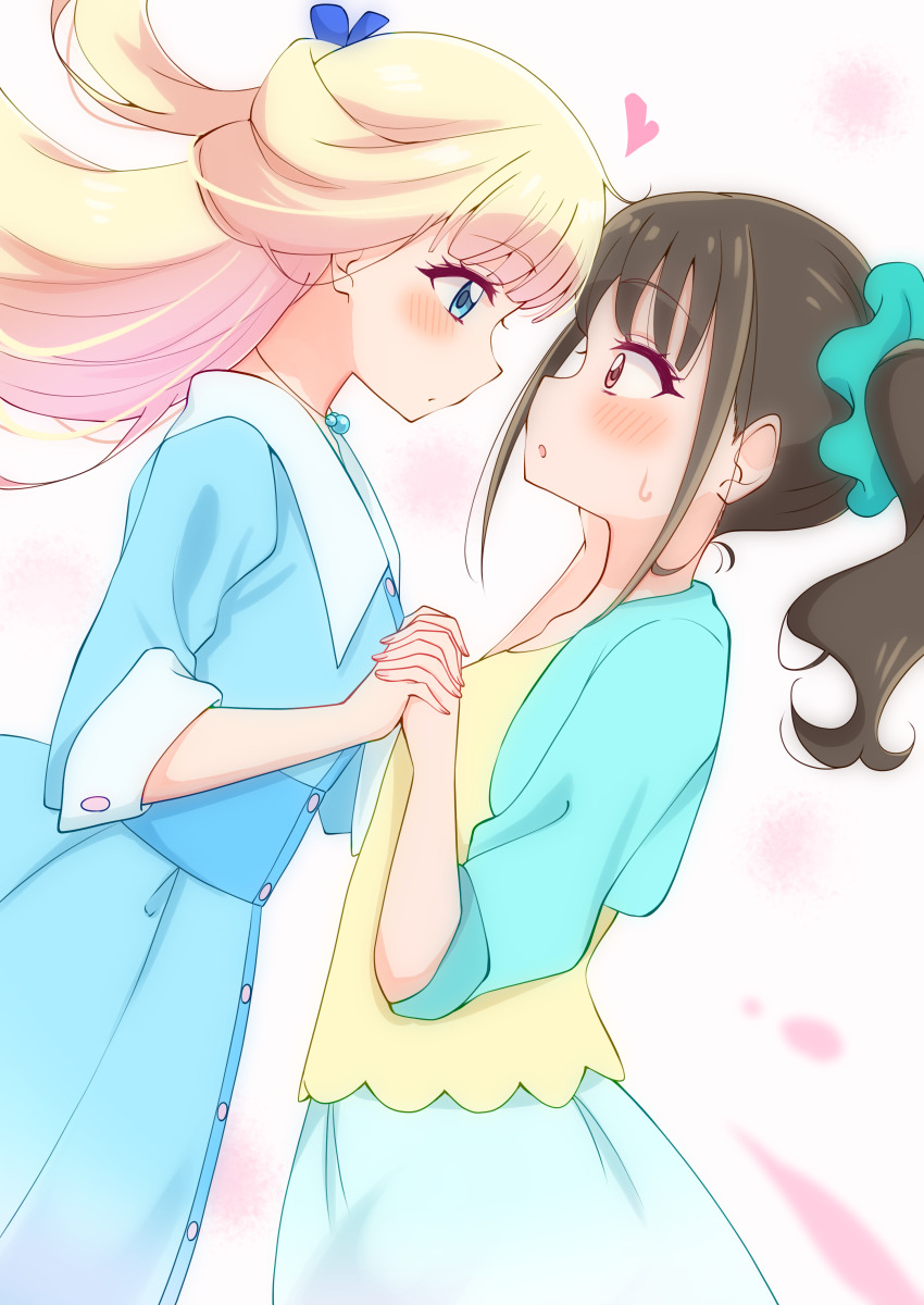 2girls absurdres aqua_dress aqua_scrunchie black_hair blue_dress blush casual closed_mouth collared_dress commentary dress dutch_angle from_side hair_ornament hair_scrunchie half_updo hand_on_another&#039;s_face heart highres holding_hands jewelry long_hair long_sleeves looking_at_another medium_hair multiple_girls necklace nekoyashiki_mayu nekoyashiki_yuki open_mouth precure purple_eyes scrunchie side_ponytail standing sugimura_mickey sweatdrop symbol-only_commentary two-tone_dress wind wonderful_precure! yellow_dress yuri