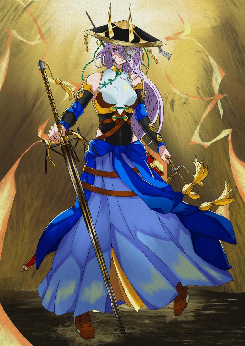 1girl absurdres arm_strap bare_shoulders belt black_arm_warmers black_hat blue_dress blue_ribbon bound_together brown_belt brown_shoes cave china_dress chinese_clothes dappled_sunlight dirt_road dress dual_wielding duel_monster facing_viewer fire fleurdelis_(yu-gi-oh!) furrowed_brow gold_trim grimace hair_over_one_eye hat highres holding holding_staff holding_sword holding_weapon horned_hat indoors jingasa long_hair looking_to_the_side ofuda ofuda_on_head one_eye_covered paper purple_eyes purple_hair reflection ribbon rice_hat road shoes staff sunlight sword the_iris_swordsoul weapon white_dress wind y_shiku yu-gi-oh!