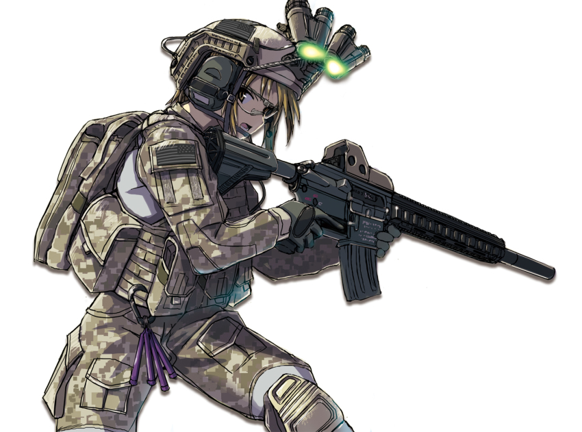 1girl ammunition_pouch assault_rifle backpack bag blonde_hair eotech female_focus gun helmet holding holding_gun holding_weapon load_bearing_vest looking_to_the_side magazine_(weapon) military military_combat_uniform military_operator military_uniform night-vision_device open_mouth original pouch rifle safety_glasses scope solo suppressor teeth tom_keith trigger_discipline uniform united_states_army weapon wide_field_of_view_device yellow_eyes