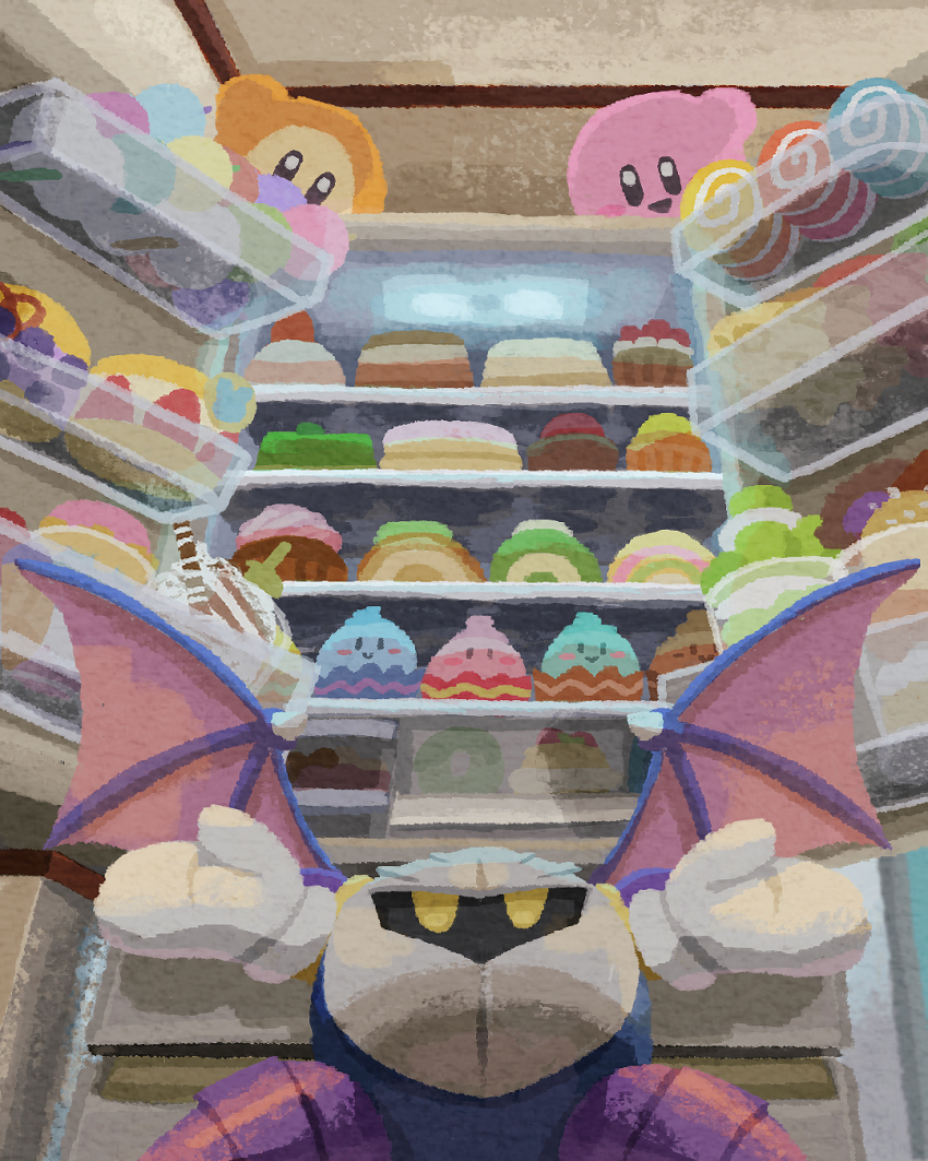 bat_wings boots cake candy colored_skin desert food fruit gloves glowing glowing_eyes highres house kirby kirby&#039;s_dream_buffet kirby_(series) looking_at_another looking_down looking_up mask meta_knight miclot nintendo open_mouth outstretched_arms pink_skin purple_skin refrigerator spread_arms strawberry tornado_kirby waddle_dee wings yellow_eyes yellow_skin