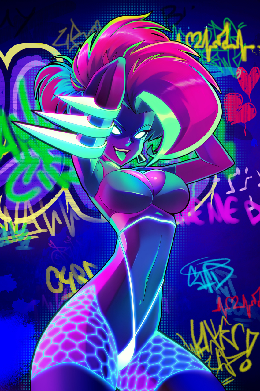 1girl absurdres arms_behind_head artist_collaboration big_hair blipsqueek breasts cleavage colored_tongue commentary cyberpunk earrings english_commentary fishnets glowing glowing_eyes graffiti green_tongue highres jewelry large_breasts linea_alba mohawk moika_(moikaloop) moikaloop multicolored_hair neon_lights no_pupils original pink_hair raver solo thick_thighs thighs tongue tongue_out triangle_earrings two-tone_hair ultraviolet_light wide_hips