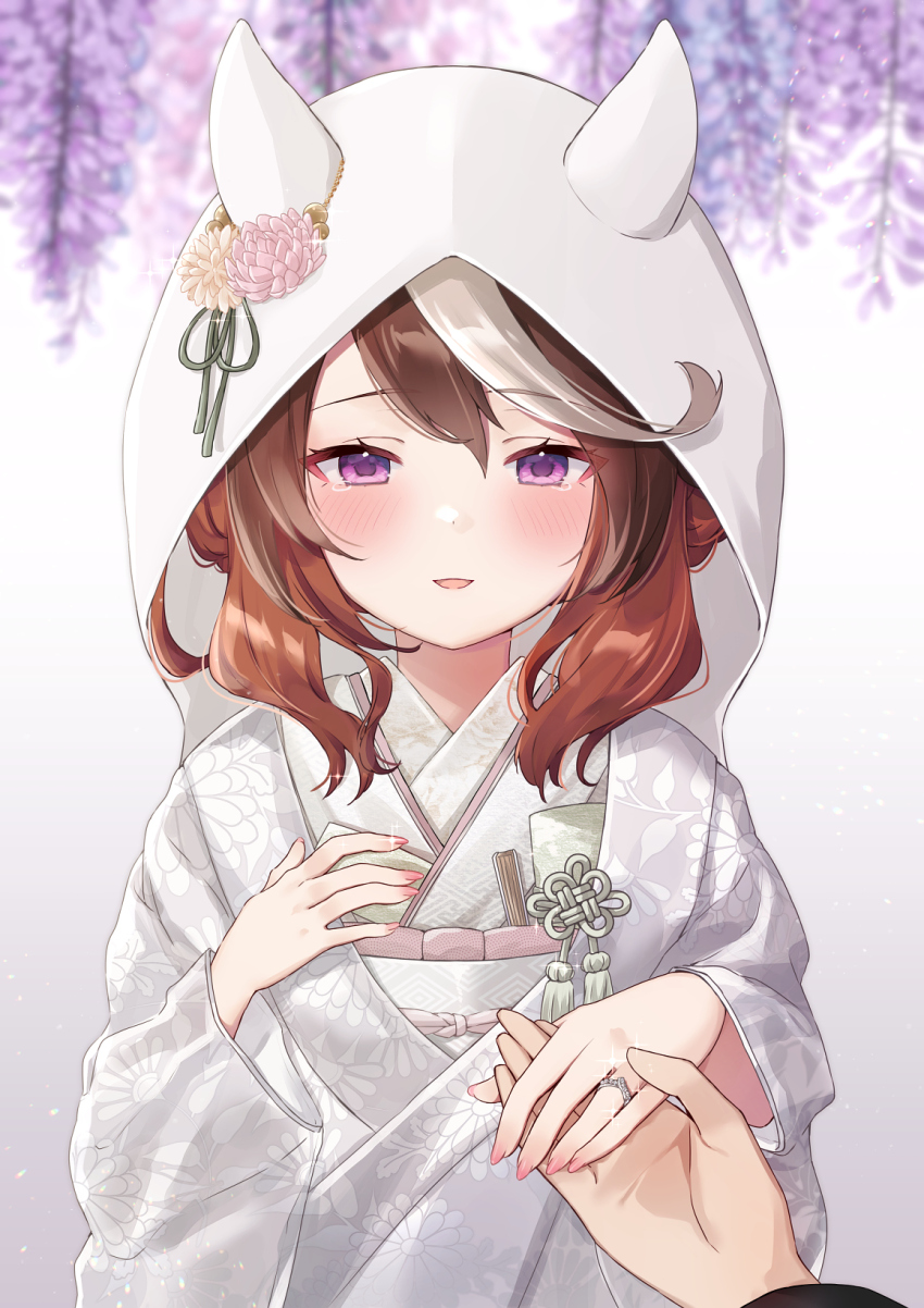 1girl 1other alternate_costume blush brown_hair chinese_knot flower hair_between_eyes happy_tears highres horse_girl japanese_clothes jewelry kimono long_hair looking_at_viewer obi open_mouth purin_jiisan purple_eyes purple_flower ring sash shiromuku smile solo_focus symboli_rudolf_(umamusume) tears uchikake umamusume upper_body wedding_ring white_hair white_kimono