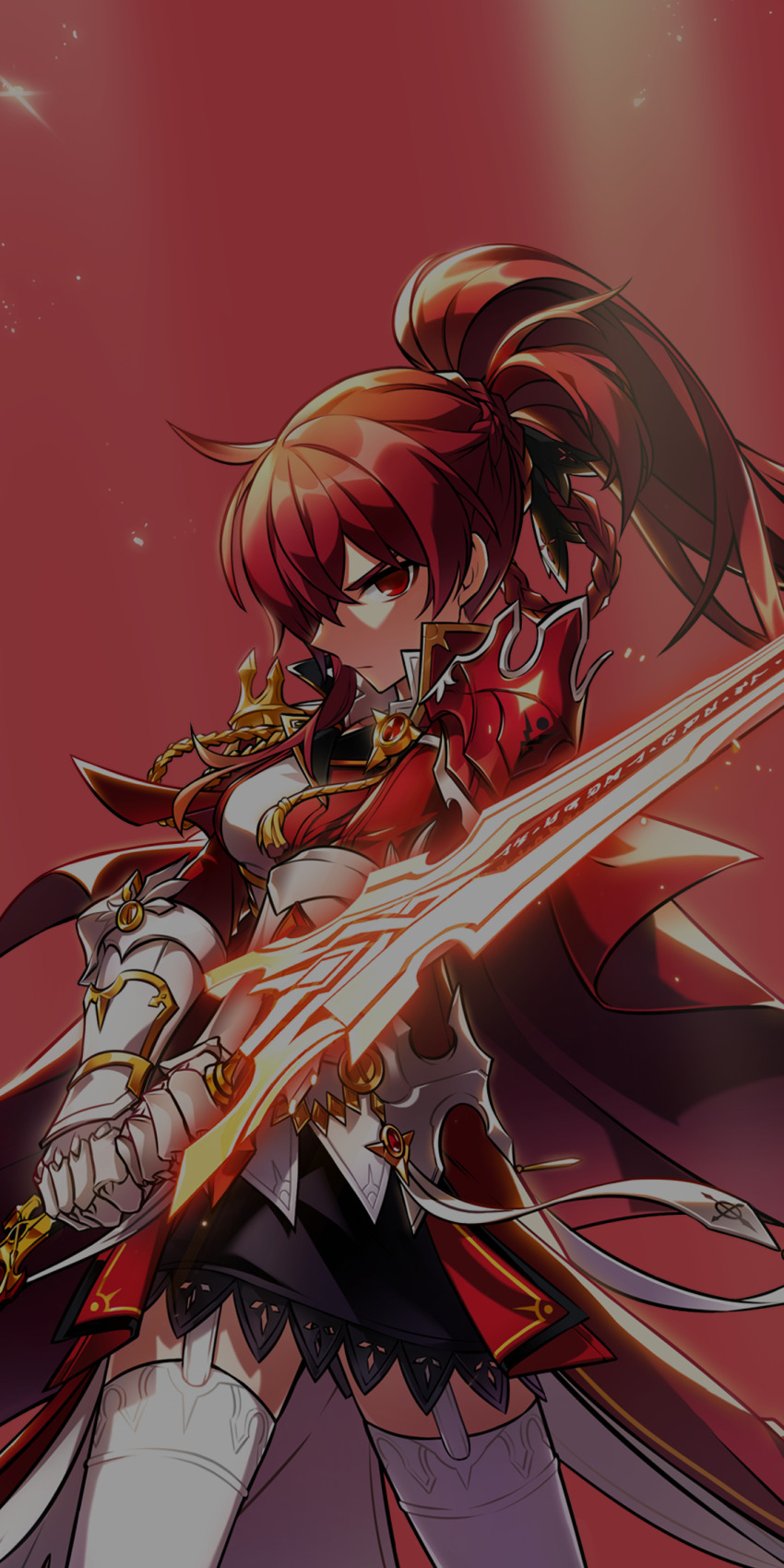 1girl aiguillette armor black_skirt bow bracer cape closed_mouth coat cowboy_shot crossed_bangs determined elesis_(elsword) elsword faulds frown furrowed_brow gauntlets glowing glowing_sword glowing_weapon hair_between_eyes hair_over_one_eye high_ponytail highres holding holding_sword holding_weapon hwansang lace lace-trimmed_skirt lace_trim light_particles long_hair long_sleeves looking_at_viewer loose_hair_strand miniskirt official_art pauldrons pointy_nose ponytail red_bow red_cape red_coat red_eyes red_hair ribbed_thighhighs second-party_source shirt shoulder_armor simple_background skirt solo standing sword thighhighs weapon white_shirt white_thighhighs
