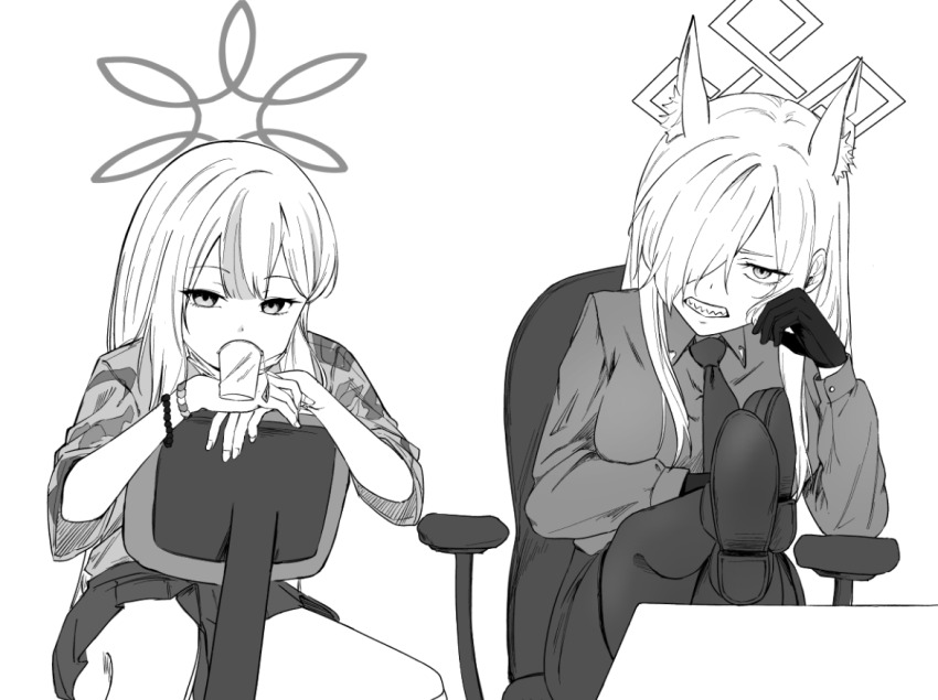 2girls animal_ears blue_archive chair clenched_teeth collared_shirt commentary_request extra_ears fox_ears gloves greyscale hair_over_one_eye halo hoffun kanna_(blue_archive) konoka_(blue_archive) leg_up long_hair long_sleeves looking_at_viewer monochrome multiple_girls necktie office_chair on_chair one_eye_covered pantyhose pleated_skirt sharp_teeth shirt shoes sitting sitting_backwards skirt swivel_chair teeth wristband