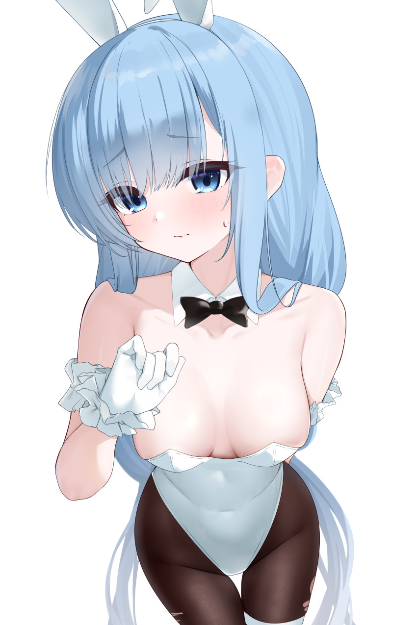 1girl absurdres animal_ears arm_behind_back azur_lane bare_shoulders black_bow black_bowtie blue_eyes blue_hair blush bow bowtie breasts cleavage covered_navel detached_collar embarrassed from_above gloves hair_between_eyes hand_up highleg highleg_leotard highres hip_focus janus_(a_lesson_in_billiards)_(azur_lane) janus_(azur_lane) leotard long_hair looking_at_viewer looking_up medium_breasts nervous pantyhose playboy_bunny rabbit_ears small_breasts solo standing strapless strapless_leotard thigh_gap very_long_hair wavy_mouth white_gloves white_leotard zerotwenty_(020)