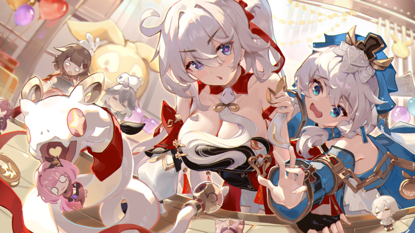4girls ahoge asc11 bare_shoulders blue_dress blue_eyes blue_sleeves breasts brown_hair china_dress chinese_clothes cleavage controller coralie_6626_planck coralie_6626_planck_(puppy_patrol) detached_sleeves dress eden_(honkai_impact) elysia_(honkai_impact) elysia_(miss_pink_elf)_(honkai_impact) game_controller grey_hair highres holding holding_controller holding_game_controller homu_(honkai_impact) honkai_(series) honkai_impact_3rd kevin_kaslana kiana_kaslana kiana_kaslana_(ba-dum!_fiery_wishing_star) large_breasts li_sushang li_sushang_(auspicious_dazzle) li_sushang_(jade_knight) long_hair multiple_girls nintendo_switch o_o official_art open_mouth pardofelis rice_cake_(honkai_impact) snake theresa_apocalypse theresa_apocalypse_(astralop) very_long_hair white_hair