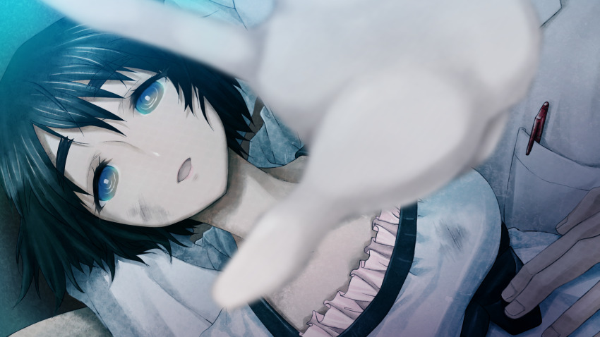 1boy 1girl aqua_eyes beard_stubble black_bow black_hair black_sash black_trim blue_dress blue_eyes blurry blurry_foreground bob_cut bow breast_pocket breasts brown_pants chest_bow coat collar collarbone dirty dirty_face dress dying facial_hair fingernails frilled_collar frills from_above game_cg hand_on_another&#039;s_waist hand_up head_out_of_frame highres huke lab_coat lap_pillow lapels long_sleeves looking_up lying lying_on_person medium_breasts medium_hair messy_hair night notched_lapels object_in_pocket official_art okabe_rintarou on_back open_mouth outdoors palms pants pen_in_pocket pink_frills pink_lips pocket puffy_short_sleeves puffy_sleeves reaching reaching_towards_viewer ringed_eyes sash shiina_mayuri shiny_lips short_sleeves sitting square_pupils steins;gate stubble tareme tongue waist_sash white_coat