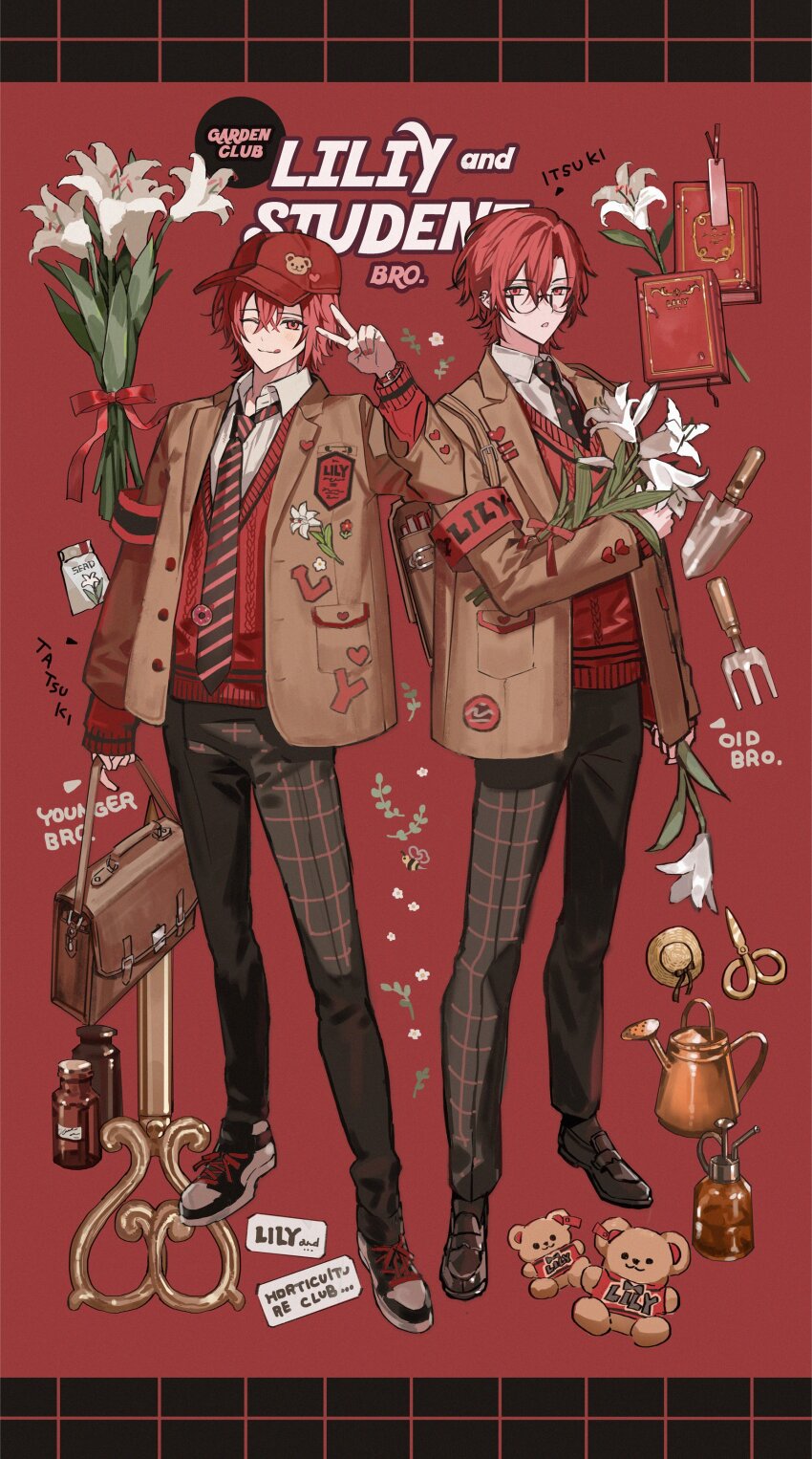 2boys :q absurdres animal_print bag bear_print black_necktie black_pants black_shoes book bookmark bouquet bracelet brothers brown_jacket character_name checkered_clothes checkered_pants closed_mouth commentary crossed_bangs diagonal-striped_clothes diagonal-striped_necktie donut_print ear_piercing english_commentary english_text flower food_print full_body glasses hair_between_eyes hat heart heart_print highres holding holding_bag holding_flower jacket jewelry lily_(flower) looking_at_viewer male_focus multiple_boys nana_tetra necktie one_eye_closed open_clothes open_jacket open_mouth original pants piercing plant_name polka_dot_necktie red_background red_eyes red_hair red_hat red_nails red_necktie red_ribbon red_sweater_vest ribbon scissors seed semi-rimless_eyewear shirt shoes short_hair shoulder_bag siblings sneakers standing straw_hat striped_clothes stuffed_animal stuffed_toy sweater_vest teddy_bear tongue tongue_out trowel two-tone_necktie v watering_can white_flower white_lily white_shirt