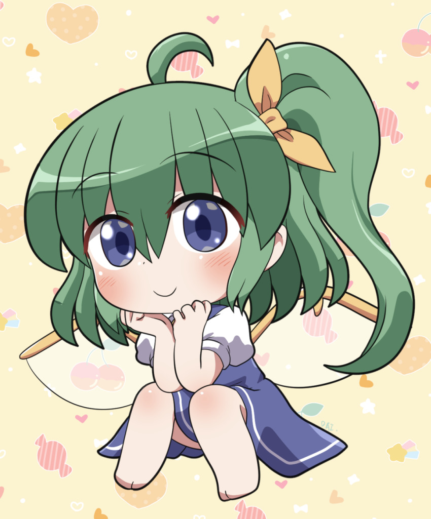 1girl ahoge barefoot blue_dress blue_eyes blush chibi chibi_only closed_mouth commentary daiyousei dress fairy_wings full_body green_hair hair_between_eyes hair_ribbon head_rest highres long_hair looking_at_viewer pinafore_dress ribbon rokugou_daisuke shirt short_sleeves side_ponytail signature sitting sleeveless sleeveless_dress smile solo touhou white_shirt wings yellow_background yellow_ribbon