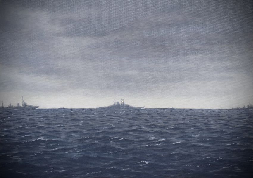 absurdres acrylic_paint_(medium) atelier_bono battleship cannon highres historical_event imperial_japanese_navy mast military_vehicle no_humans ocean operation_ten-gou original painting_(medium) scenery ship ship_turret sky smokestack storm storm_cloud traditional_media vehicle_focus warship watercraft world_war_ii yamato_(battleship)