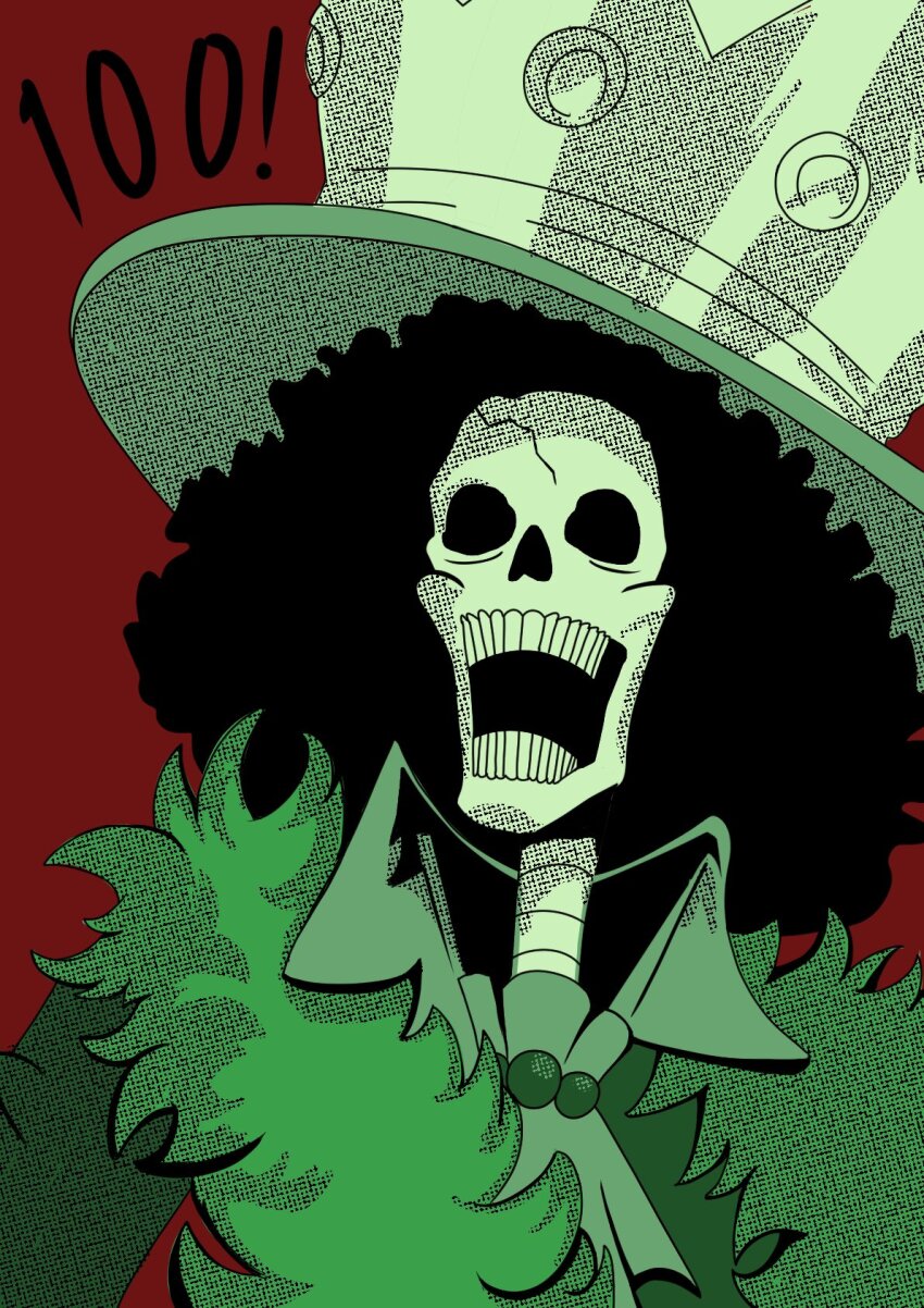 1boy afro ascot black_hair brook_(one_piece) collared_shirt commentary crown english_commentary feather_boa hat highres male_focus milestone_celebration one_piece open_mouth red_background shirt simple_background skeleton solo stupid_ugly