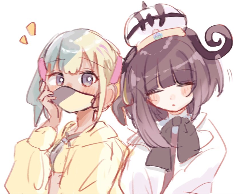 2girls blonde_hair blue_hair blunt_bangs bob_cut canari_(pokemon) closed_eyes coat dark-skinned_female dark_skin gwynn_(pokemon) hat highres jacket long_sleeves mask mega_stone mopumopu107 mouth_mask multicolored_hair multiple_girls nintendo pokemon pokemon_legends:_z-a purple_hair short_hair sleeping split-color_hair two-tone_hair upper_body white_background white_coat yellow_jacket