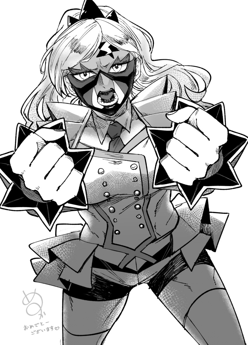 1girl breasts cibamatoxins clenched_hands commentary_request eri_(pokemon) facepaint foreshortening greyscale highres large_breasts monochrome necktie nintendo open_mouth pokemon pokemon_sv short_shorts shorts signature solo thighhighs translation_request