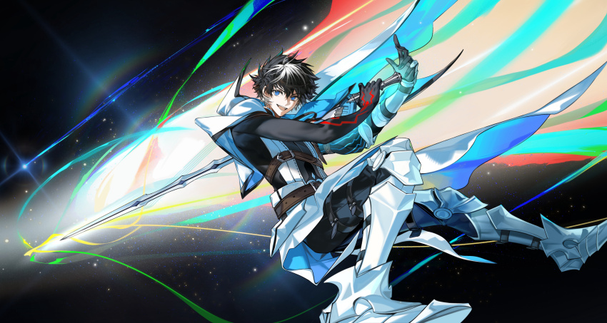 1boy absurdres arlizi armored_boots belt belt_buckle black_background black_bodysuit black_hair black_pants blue_eyes bodysuit boots brown_belt buckle cape charlemagne_(fate) charlemagne_(first_ascension)_(fate) chest_belt couter fate/extella fate/extella_link fate/extra fate/grand_order fate_(series) foreshortening full_body gauntlets hair_between_eyes hands_up highres holding holding_sword holding_weapon joyeuse_ordre_(fate) jumping long_sleeves looking_at_viewer male_focus multicolored_hair noble_phantasm_(fate) open_mouth pants popped_collar puffy_long_sleeves puffy_sleeves short_hair single_gauntlet single_sleeve smile solo star_(sky) streaked_hair sword teeth two-sided_cape two-sided_fabric two-tone_hair upper_teeth_only waist_cape weapon white_cape white_hair