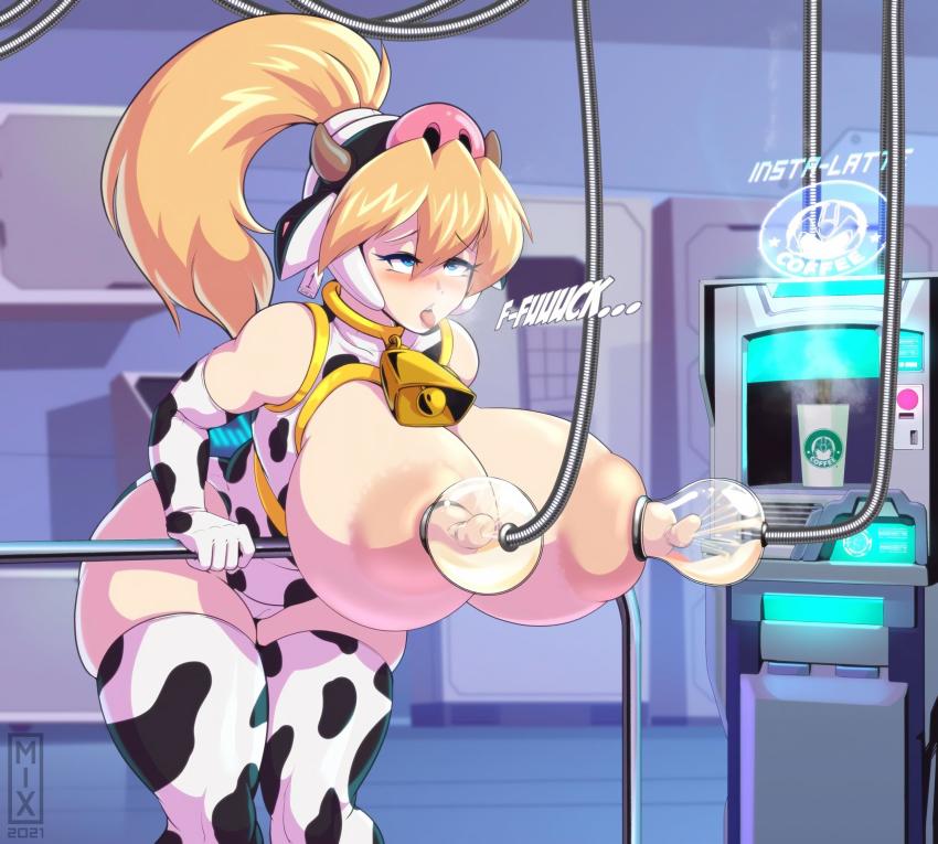 1girl 2021 ahegao alternate_body_size alternate_breast_size alternate_costume animal_print arm_support bare_shoulders blonde_hair blue_eyes blurry blush breastless_clothes breastless_leotard breasts breasts_out cameltoe capcom ciel_(mega_man) coffee_machine cow_girl cow_print cow_print_gloves cow_print_thighhighs cowbell cup curvy depth_of_field disposable_cup elbow_gloves fake_horns feet_out_of_frame gloves high_ponytail highres hologram horned_headwear horns huge_breasts iced_latte_with_breast_milk_(meme) indoors lactation large_areolae leaning_forward legs_together leotard llmixll long_hair mega_man_(series) mega_man_zero_(series) meme milking milking_machine neck_bell nipples pig_nose pig_snout ponytail print_gloves print_thighhighs profanity puffy_areolae railing skindentation solo thighhighs