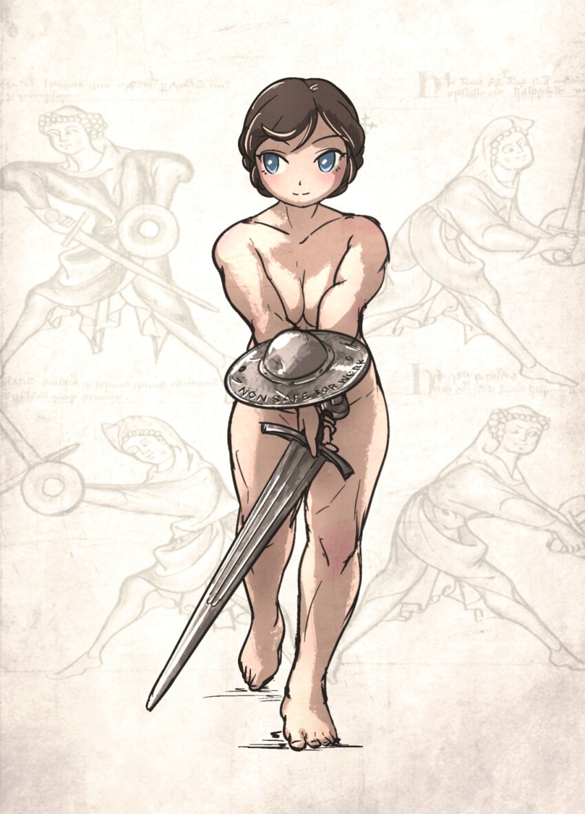 1girl blue_eyes blush breasts breasts_squeezed_together brown_hair buckler cleavage closed_mouth commentary completely_nude convenient_censoring english_commentary facing_viewer feet full_body highres holding holding_sword holding_weapon instruction_manual ironlily light_smile looking_to_the_side medieval medium_breasts muscular muscular_female nape_braid nude ordo_mediare_sisters_(ironlily) paper_background people shield short_hair sketch_background solo_focus standing standing_on_one_leg sword toes weapon weapons_instructor_(ironlily)