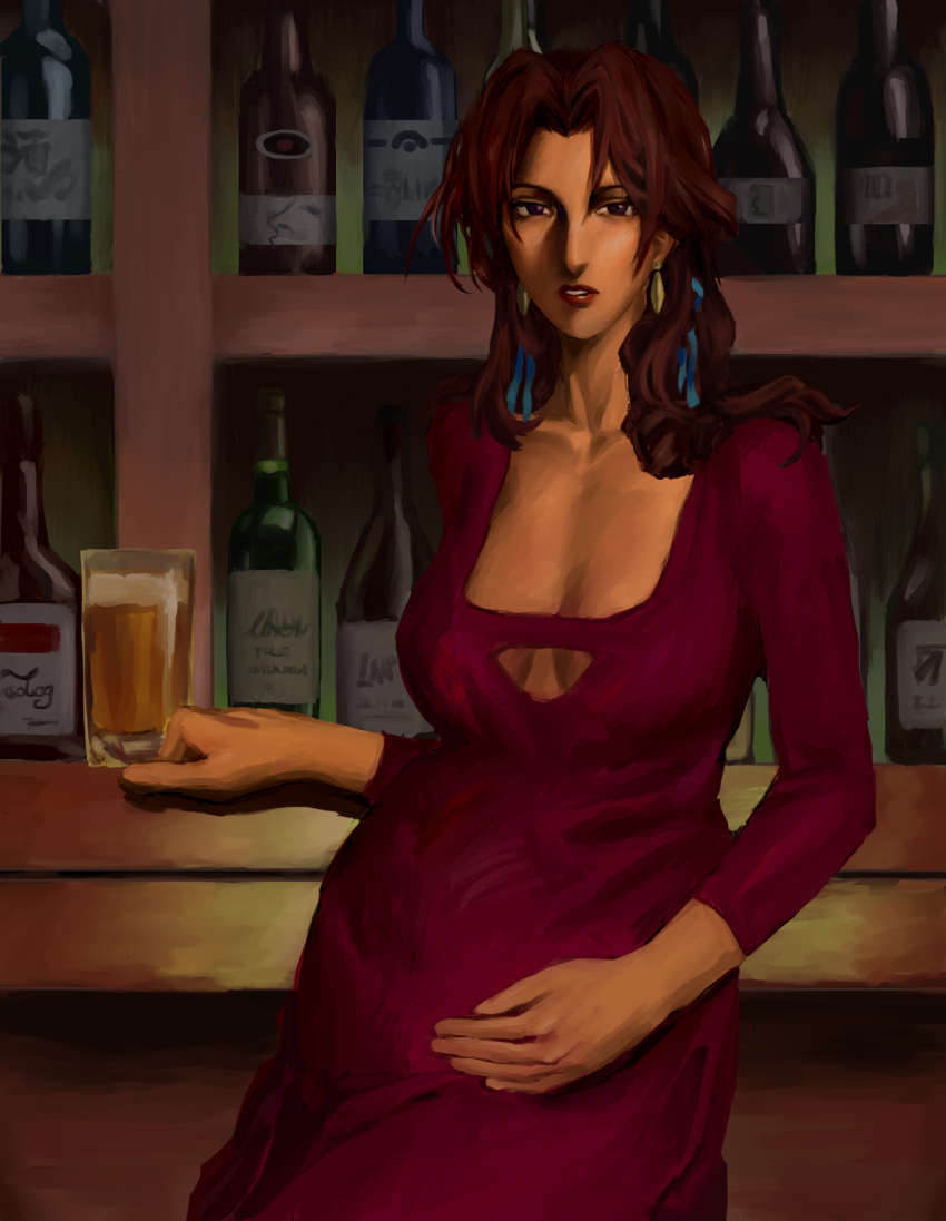 1girl alcohol bar_(place) bhobuanli blue_ribbon bottle brown_hair cowboy_bebop cup dark-skinned_female dark_skin dress earrings highres jewelry katerina_solensan lipstick long_hair looking_at_viewer makeup purple_dress ribbon solo
