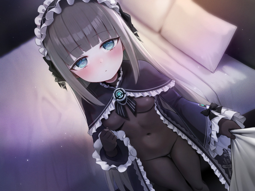1boy 1girl absurdres bed blue_eyes blush bodystocking breasts capelet commentary_request covered_navel expressionless frills gloves grey_hair hairband highres kai_(esugi) lolita_hairband long_hair looking_at_viewer original pov shirt_tug small_breasts solo_focus very_long_hair