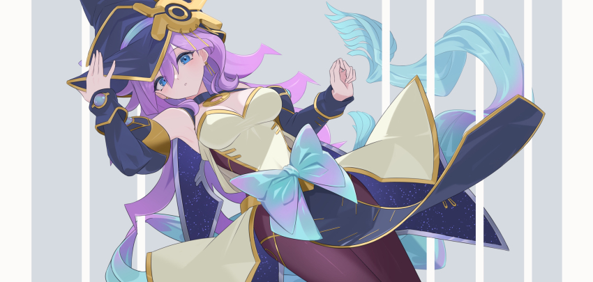 1girl bare_shoulders black_pantyhose blue_eyes breasts cleavage cowboy_shot dress duel_monster grey_background heichi highres long_hair medium_breasts nightmare_apprentice pantyhose purple_hair simple_background solo yu-gi-oh!