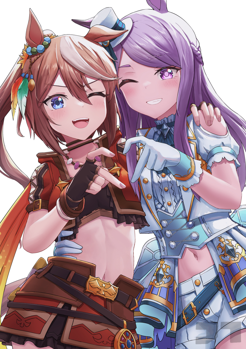2girls absurdres blue_eyes breasts brown_hair fingerless_gloves gloves hair_between_eyes hair_ornament heart heart_hands heart_hands_duo highres horse_girl jtleeklm looking_at_viewer mejiro_mcqueen_(end_of_sky)_(umamusume) mejiro_mcqueen_(umamusume) midriff multiple_girls navel official_alternate_costume official_alternate_hairstyle one_eye_closed open_mouth purple_eyes shorts small_breasts tokai_teio_(beyond_the_horizon)_(umamusume) tokai_teio_(umamusume) umamusume white_background