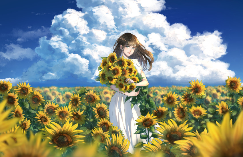 1girl bouquet brown_hair cloud cloudy_sky commentary cumulonimbus_cloud day dress field flower flower_field highres holding holding_bouquet looking_at_viewer original outdoors sky solo sundress sunflower sunflower_field white_dress yatori850