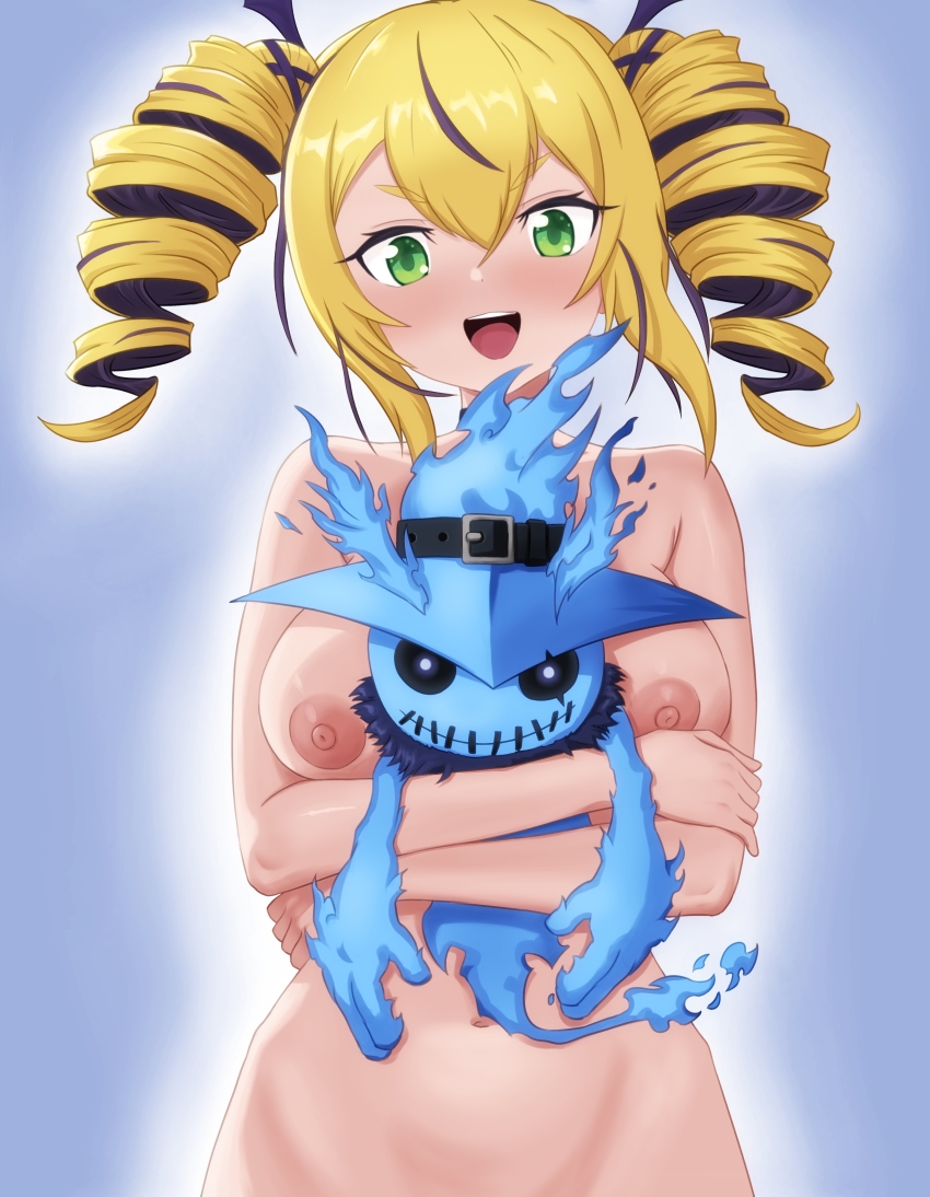 1girl absurdres blonde_hair blue_background blush breasts carrying completely_nude cowboy_shot digimon digimon_(creature) digimon_card_game digimon_liberator drill_hair ghostmon highres large_breasts multicolored_hair nipples nude omeka_gamma purple_hair simple_background streaked_hair twin_drills two-tone_hair violet_inboots