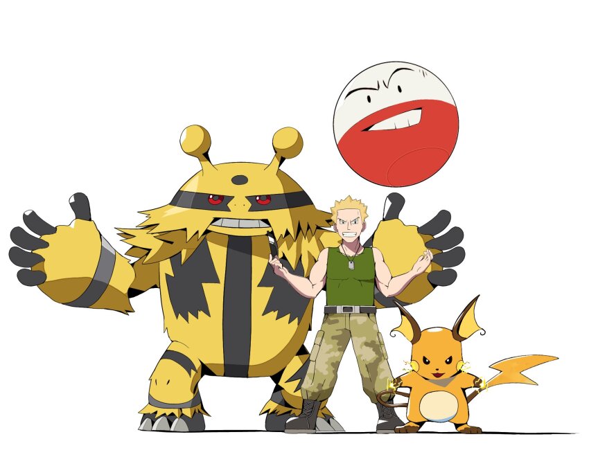 1boy biceps black_eyes blonde_hair boots camouflage camouflage_pants dog_tags electivire electrode_(pokemon) gen_1_pokemon gen_4_pokemon green_shirt grin hashtag-only_commentary highres holding holding_removed_eyewear legs_apart looking_at_viewer male_focus nintendo pants pokemon pokemon_(creature) pokemon_hgss psaber97 raichu shirt short_hair sleeveless sleeveless_shirt smile spiked_hair standing surge_(pokemon) teeth unworn_eyewear white_background