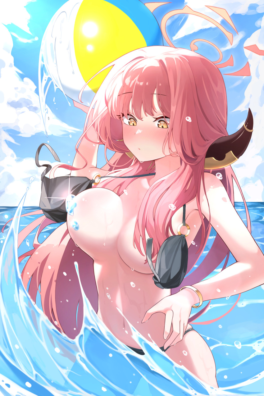 1girl absurdres aru_(blue_archive) ball beachball bikini black_bikini blue_archive blue_sky blush bouncing_breasts breasts closed_mouth cloud commentary_request convenient_censoring cowboy_shot day hair_censor halo hand_on_own_hip hand_up highres holding holding_ball holding_beachball horns jjilisjjalisjjulis korean_commentary large_breasts long_hair looking_down navel o-ring o-ring_bikini o-ring_top ocean outdoors pink_hair sky solo swimsuit very_long_hair wading wardrobe_malfunction water_censor yellow_eyes