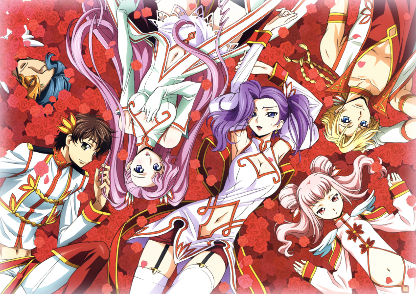3boys 3girls absurdres alternate_hairstyle anya_alstreim armpits arms_up bed_of_roses blonde_hair blue_eyes blue_hair breasts brown_hair cleavage cleavage_cutout clothing_cutout code_geass cornelia_li_britannia cyborg detached_sleeves dress euphemia_li_britannia closed_eyes flower garter_straps gino_weinberg gloves green_eyes highres huge_filesize jeremiah_gottwald kimura_takahiro kururugi_suzaku lipstick long_hair looking_at_viewer lying makeup medium_breasts multiple_boys multiple_girls navel navel_cutout official_art parted_lips pink_hair purple_eyes purple_hair red_flower red_rose rose short_hair short_twintails skirt small_breasts thighhighs twintails very_long_hair white_legwear