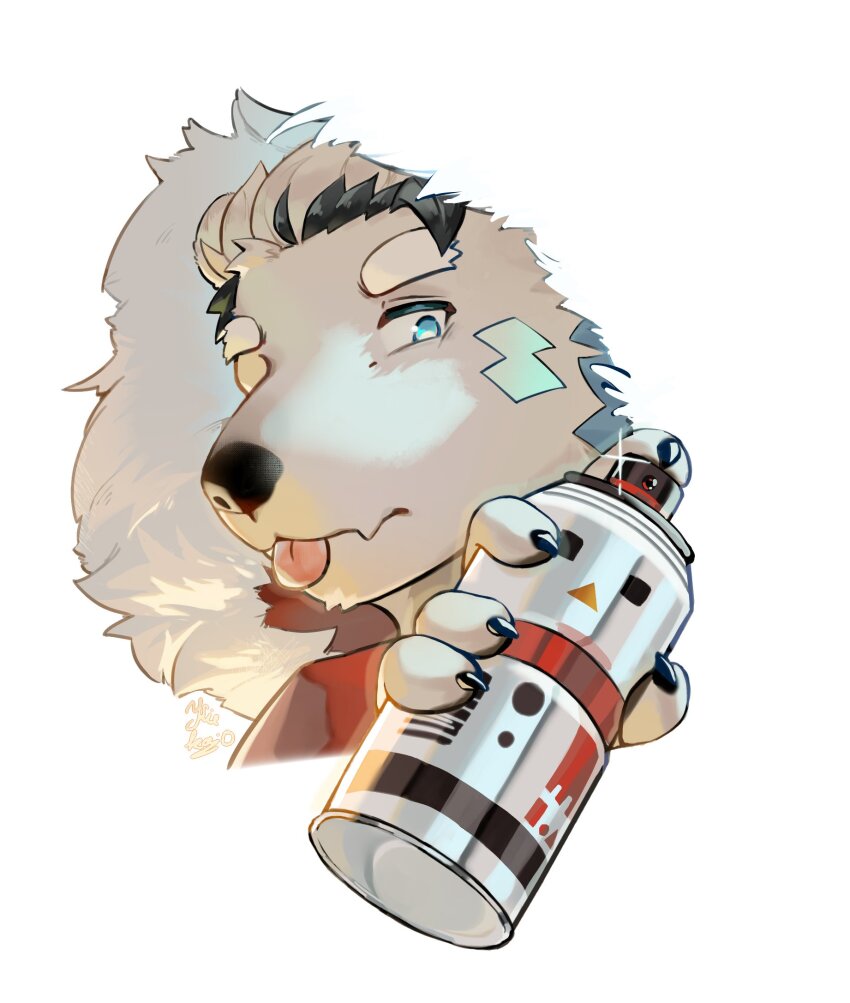 bear bear_boy blue_eyes claws coat fur-trimmed_jacket fur_trim highres jack_frost_(housamo) jacket kiekoio looking_at_viewer multicolored_hair polar_bear red_coat snowman spray_can tokyo_houkago_summoners tongue tongue_out two-tone_hair white_background