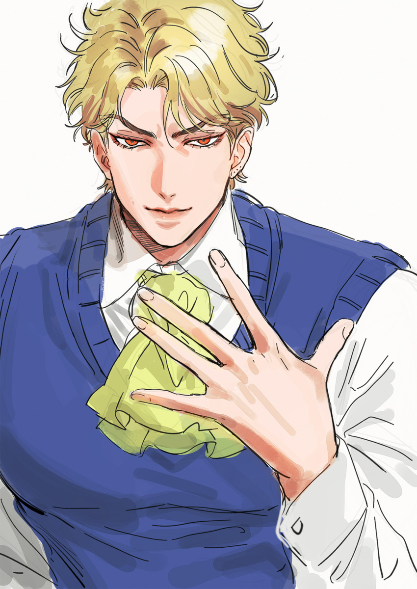 1boy arm_up ascot blonde_hair blue_sweater_vest bustersiri closed_mouth collared_shirt commentary_request curtained_hair dio_brando fingernails highres jojo_no_kimyou_na_bouken looking_at_viewer male_focus parted_hair phantom_blood red_eyes shirt short_hair short_sideburns simple_background smile solo sweater_vest upper_body white_background white_shirt wing_collar yellow_ascot