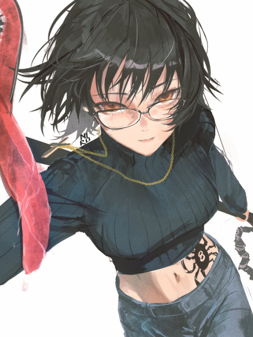 1girl absurdres black_hair black_sweater blue_pants breasts brown_eyes closed_mouth commentary cropped_sweater glasses highres holding holding_weapon hunter_x_hunter large_breasts looking_at_viewer midriff navel niroxin pants shizuku_murasaki smile solo spider_tattoo sweater tattoo turtleneck turtleneck_sweater weapon