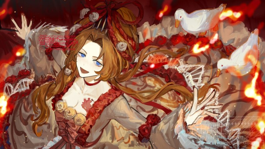 1girl bird blue_eyes breasts brown_hair cleavage dress duck fire frilled_sleeves frills hair_intakes highres indicant&#039;s_trial_(e.g.o) limbus_company long_hair long_sleeves looking_at_viewer medium_breasts nishikujic open_mouth project_moon red_nails rodion_(project_moon) sidelocks smile solo very_long_hair white_dress wide_sleeves