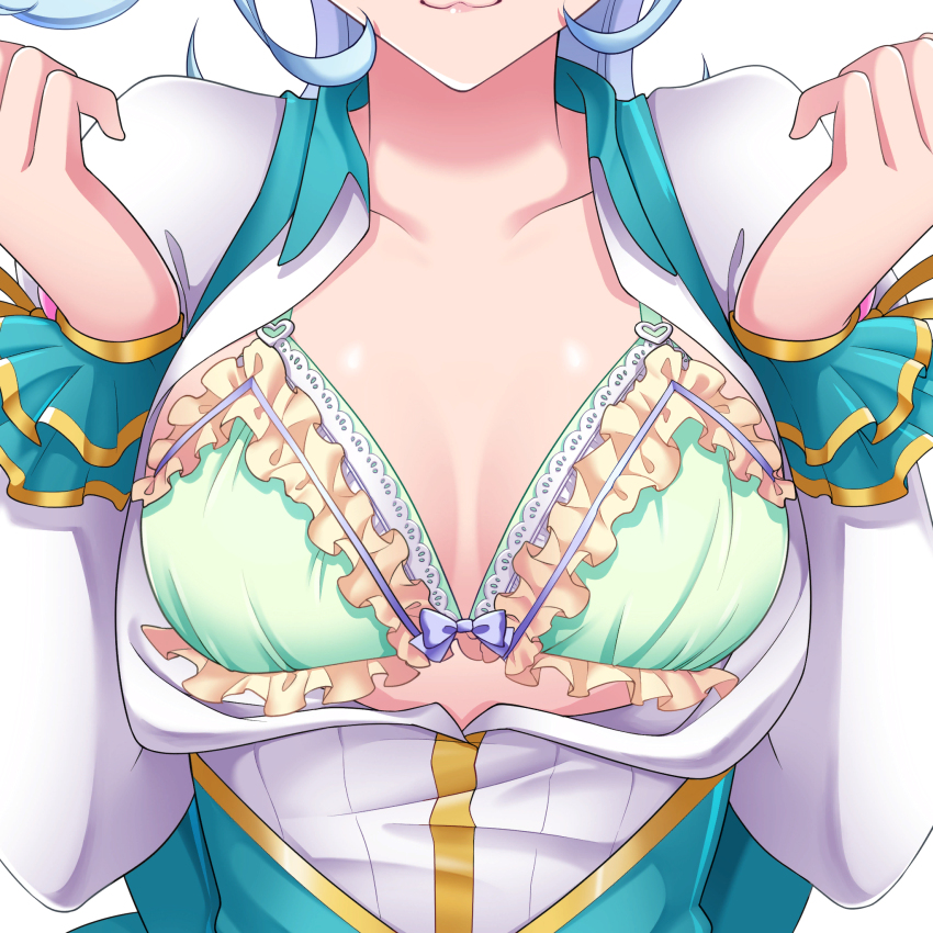 1girl :3 alternate_breast_size blue_hair bow bow_bra bra breasts cleavage collarbone face_cutout green_bra highres lace lace-trimmed_bra lace_trim light_blue_hair long_sleeves minase_juri omega_labyrinth_life open_clothes school_uniform short_hair simple_background small_breasts twintails u35 underwear white_background