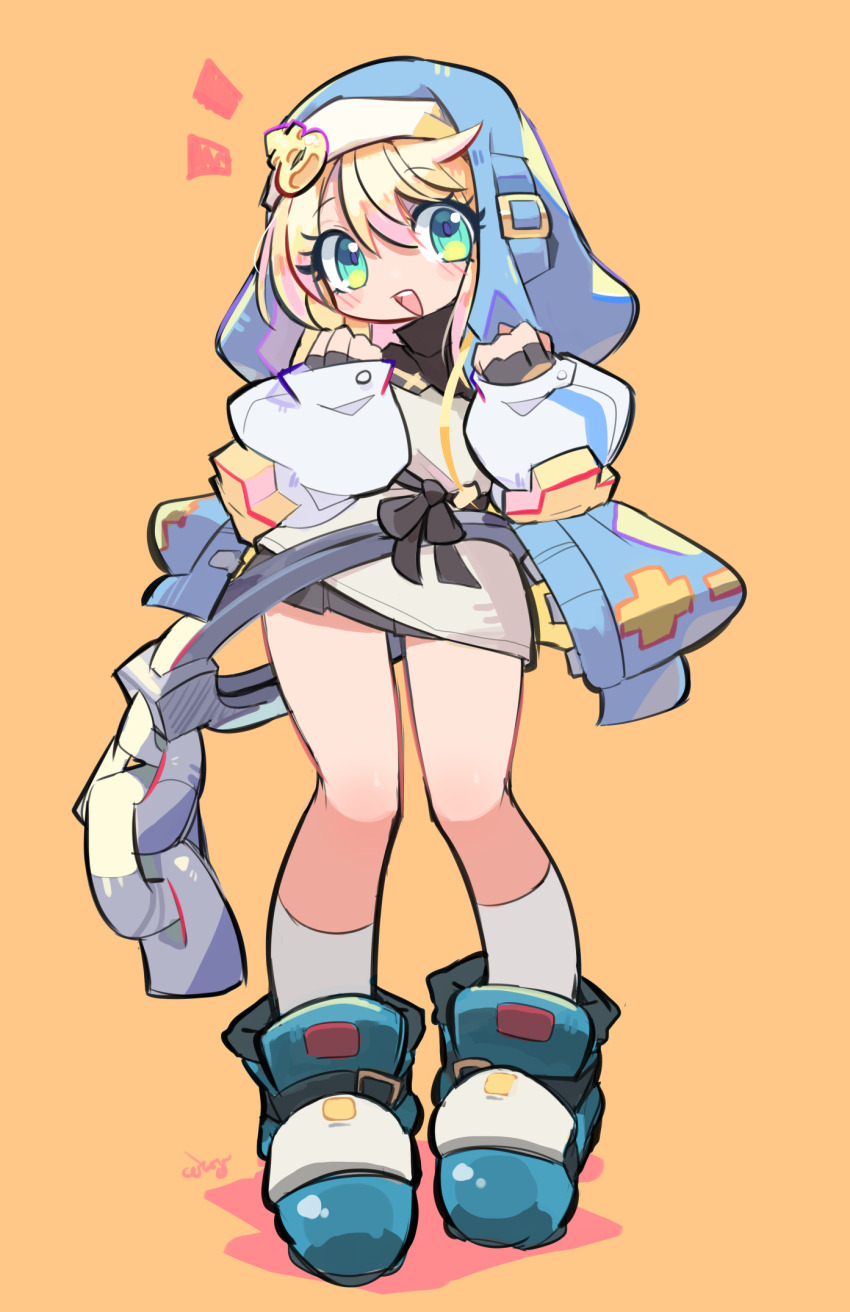 1boy androgyne_symbol black_gloves black_skirt blonde_hair blue_jacket bridget_(guilty_gear) ceroro chibi cuffs fingerless_gloves full_body gloves green_eyes guilty_gear guilty_gear_strive habit handcuffs highres hood hood_up hooded_jacket jacket long_sleeves looking_at_viewer male_focus medium_hair open_mouth pleated_skirt puffy_long_sleeves puffy_sleeves skirt trap