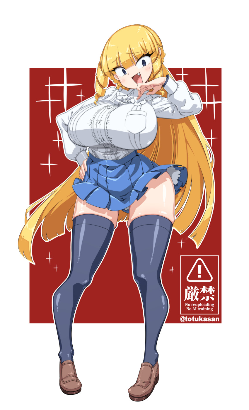 1girl absurdres blonde_hair breasts curly_sidelocks drill_hair drill_sidelocks full_body highres kaneda_mochiko large_breasts mount_celeb_kaneda-san ojou-sama_pose ringlets sidelocks solo totukasan tsurime