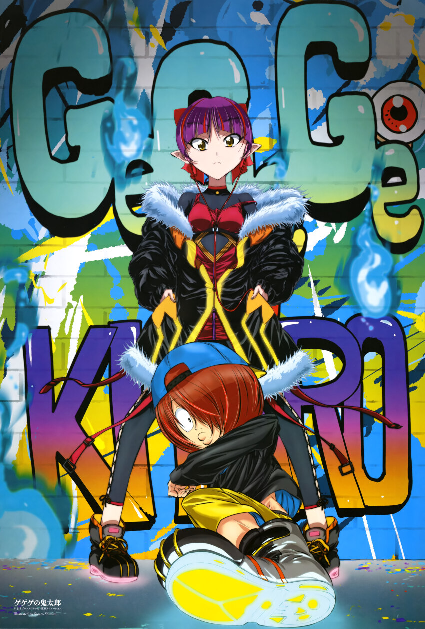 1boy 1girl :&lt; :3 absurdres ahoge anklet baseball_cap blue_eyes breasts brown_hair character_doll choker collared_shirt dress full_body gegege_no_kitarou graffiti hair_ornament hairpin hat highres jacket jewelry kitarou long_hair looking_at_viewer medama_oyaji necktie nekomusume nekomusume_(gegege_no_kitarou_6) neon_lights non-web_source official_art open_clothes open_jacket pointy_ears purple_hair red_choker red_dress scan shimizu_sorato shirt shoes short_hair skirt small_breasts smile sneakers socks squatting title toei_animation wall white_shirt yellow_eyes