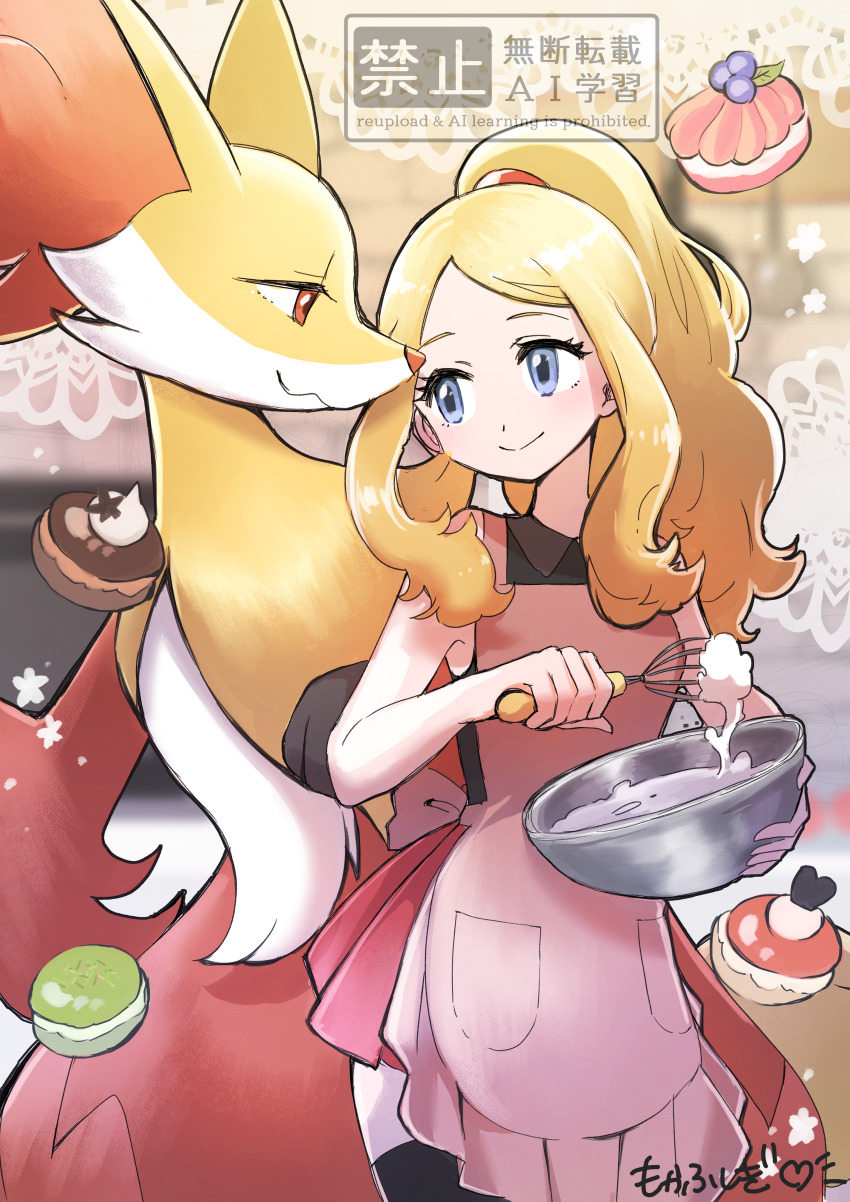 1girl absurdres apron black_thighhighs blonde_hair blue_eyes blurry blurry_background bowl closed_mouth collared_shirt commentary_request delphox eyelashes gen_6_pokemon highres holding holding_bowl holding_whisk long_hair mixing_bowl mocha_fushigi nintendo parted_bangs pink_apron pleated_skirt pokemon pokemon_(creature) pokemon_xy ponytail red_skirt serena_(pokemon) shirt sidelocks skirt sleeveless sleeveless_shirt smile thighhighs watermark whipped_cream whisk