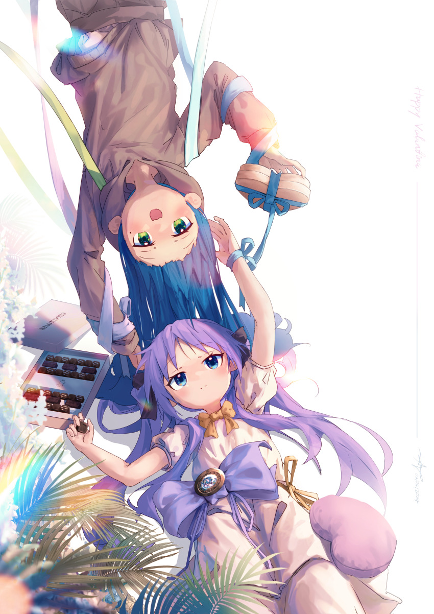 2girls absurdres ap04astral blue_eyes blue_hair bow box box_of_chocolates brooch brown_hoodie brown_pants fern happy_valentine heart heart-shaped_box heart-shaped_pillow highres hiiragi_kagami hood hoodie izumi_konata jewelry lucky_star multiple_girls pants pillow purple_bow purple_hair smile twintails upside-down