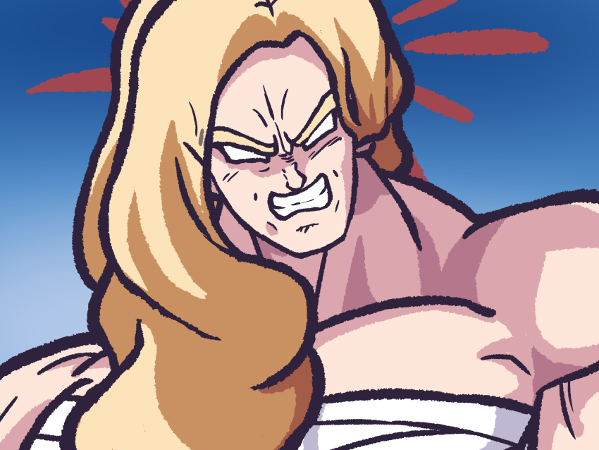 1girl absurdres akemi_(blue_archive) blank_eyes blonde_hair blue_archive blue_background broly_(dragon_ball_super) chest_sarashi close-up derivative_work dragon_ball dragon_ball_super dragon_ball_super_broly halo highres long_hair looking_at_viewer muscular muscular_female panatisia parody red_halo sarashi screenshot_redraw simple_background solo solo_focus