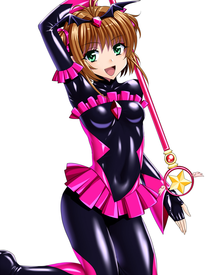1girl :d ahoge arm_up bad_end_happy bad_end_happy_(cosplay) bad_end_precure black_bodysuit black_gloves bodysuit brown_hair cardcaptor_sakura cosplay female_focus fingerless_gloves gloves green_eyes hair_intakes highres hoshi_no_tsue kinomoto_sakura kneeling latex miniskirt open_mouth pink_skirt precure sen_(sansui) short_hair skirt smile smile_precure! solo wand white_background