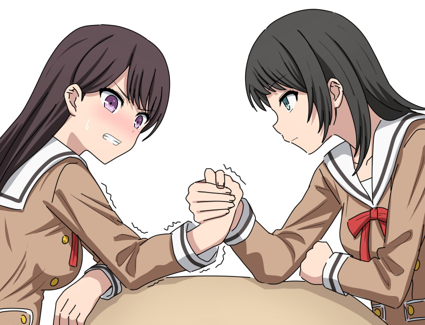 2girls arm_wrestling bang_dream! bang_dream!_it&#039;s_mygo!!!!! black_hair blue_eyes breasts brown_dress brown_hair closed_mouth commentary dress hanasakigawa_school_uniform highres long_hair long_sleeves medium_breasts medium_hair mole mole_under_eye multiple_girls neck_ribbon noshimurin purple_eyes red_ribbon ribbon sailor_collar sailor_dress school_uniform shiina_taki simple_background sweatdrop trembling white_background white_sailor_collar yahata_umiri