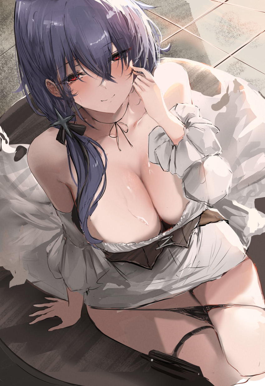 1girl absurdres azur_lane bare_shoulders black_panties blue_hair blush breasts cleavage closed_mouth crossed_bangs detached_sleeves dress from_above hair_between_eyes hair_ornament highres large_breasts liaowen long_hair long_sleeves looking_at_viewer looking_up off_shoulder official_alternate_costume panties pittsburgh_(azur_lane) pittsburgh_(the_bartender&#039;s_gambit)_(azur_lane) red_eyes sitting smile solo thigh_strap thighs underwear white_dress