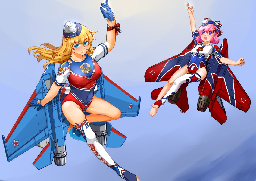 absurdres aerobics aircraft airplane athletic_leotard barefoot blonde_hair blue_eyes breasts cleavage gloves gym_uniform hat highres jet large_breasts leotard long_hair mecha_musume mig-29 military military_hat open_mouth original pink_hair purple_eyes short_hair su-27 weapon z.s.w.