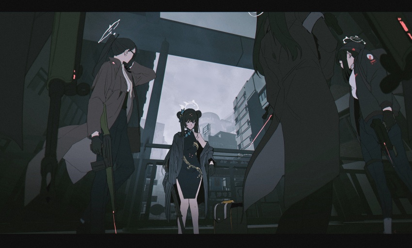 4girls absurdres bag bare_shoulders black_dress black_gloves black_hair blazer blue_archive breasts china_dress chinese_clothes comic dragon_print dress gloves gun hair_ornament halo highres holding holding_gun holding_weapon jacket jin_rou kisaki_(blue_archive) mac-10/11 medium_breasts multiple_girls off_shoulder ponytail submachine_gun weapon