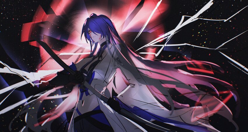 1girl acheron_(honkai:_star_rail) black_hole choker crack gloves hair_over_one_eye hashtag-only_commentary highres holding holding_sword holding_weapon honkai:_star_rail honkai_(series) jacket long_hair open_clothes open_jacket purple_eyes purple_hair red_eyes scabbard sheath star_(sky) sword tears theazureciel unsheathing very_long_hair weapon