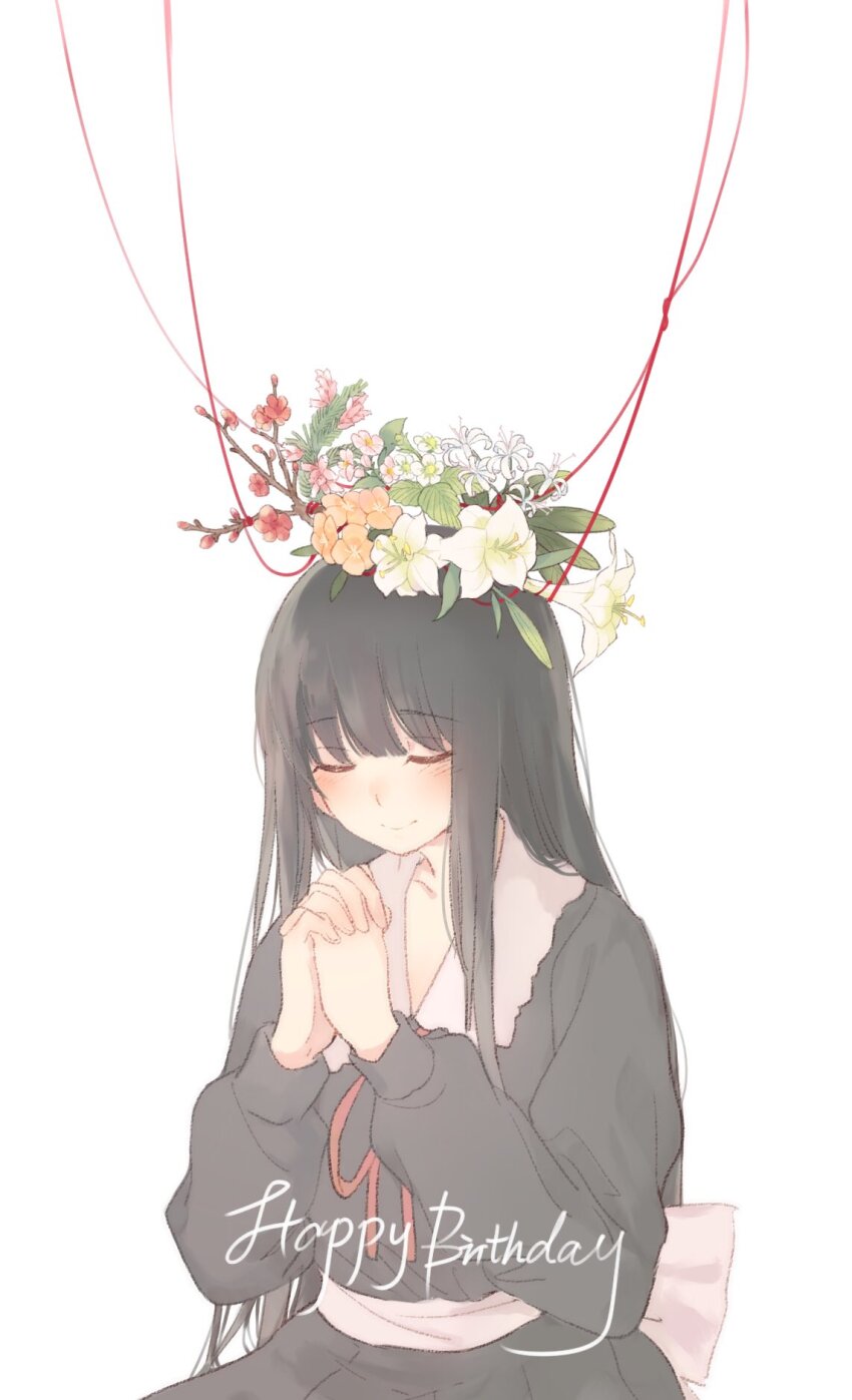 1girl black_hair commentary flower flowers_(innocent_grey) happy_birthday head_wreath highres keiya long_hair long_sleeves own_hands_clasped own_hands_together praying school_uniform shirahane_suou simple_background smile solo symbol-only_commentary upper_body white_background