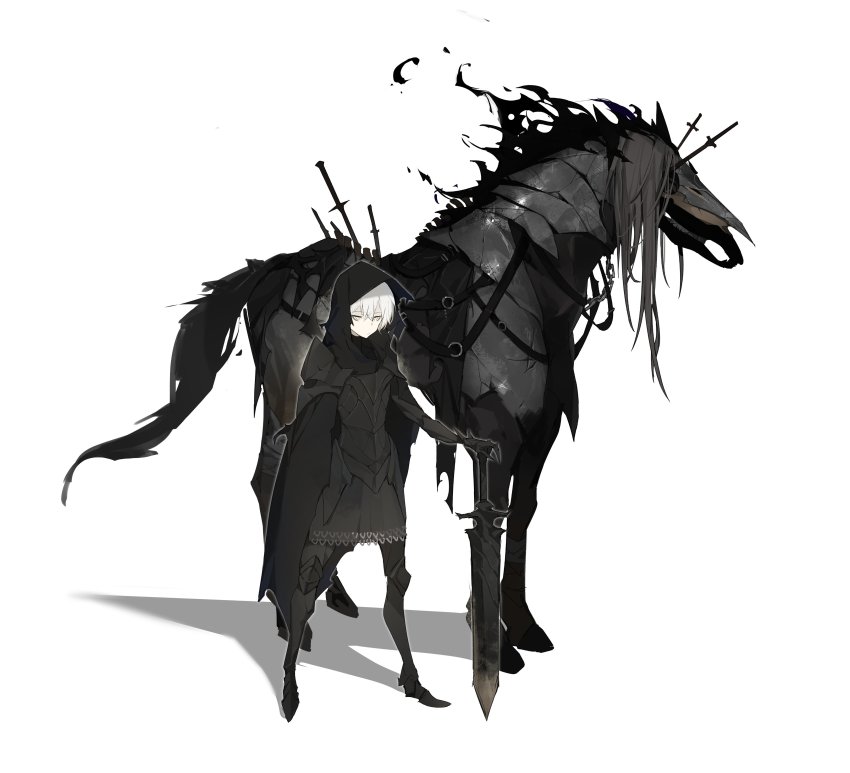 1boy absurdres animal armor backlighting bandaged_leg bandages black_armor black_cape black_fire breastplate cape chain clawed_gauntlets closed_mouth collarbone covered_collarbone fire fire gauntlets greaves grey_background hair_between_eyes half-closed_eyes hand_on_hilt highres holding holding_sword holding_weapon hood hood_up hooded_cape horse male_focus o-ring original pauldrons planted planted_sword planted_weapon saddle scratches shoulder_armor simple_background skeleton skeleton_horse slit_pupils spiked_gauntlets spikes spine standing sword torn torn_cape torn_clothes viiiper weapon white_hair yellow_eyes