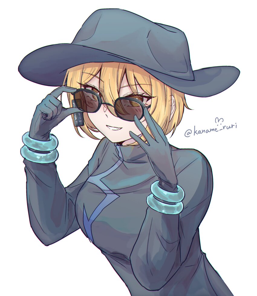 1girl absurdres adjusting_eyewear black_coat black_dress black_gloves black_hat blonde_hair bracelet breasts china_dress chinese_clothes coat coat_on_shoulders don_quixote_(project_moon) dress earrings cinq_east_(identity)_(project_moon) gloves grin hat highres jewelry kaname_ruri large_breasts limbus_company long_sleeves looking_at_viewer open_mouth partially_opaque_sunglasses project_moon round_eyewear short_hair simple_background single_earring smile solo sunglasses teeth tilted_headwear tilted_headwear twitter_username white_background yellow_eyes