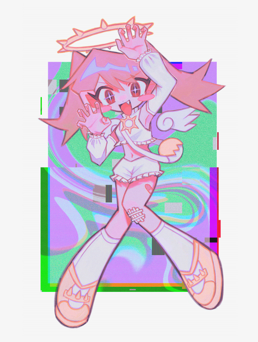 1girl abstract_background angel angel_wings bag blush_stickers brown_eyes crop_top detached_wings fang glitch halo highres looking_at_viewer original shoes shorts shoulder_bag smile socks solo spiked_halo twintails wings yappari